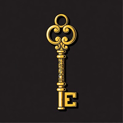 Golden key with detailed design and letter e