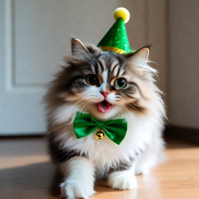 Cat wearing party hat and bow tie