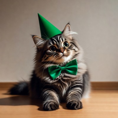 Cat with party hat and bow tie
