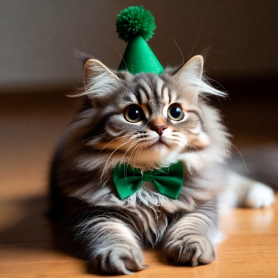 Cat wearing party hat and bow tie