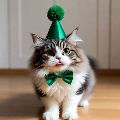 Cat with party hat and bow tie