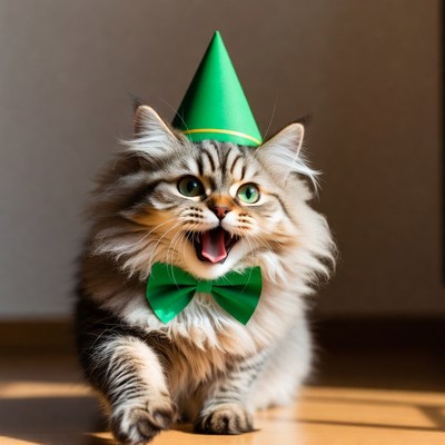Cat wearing party hat in sunlight