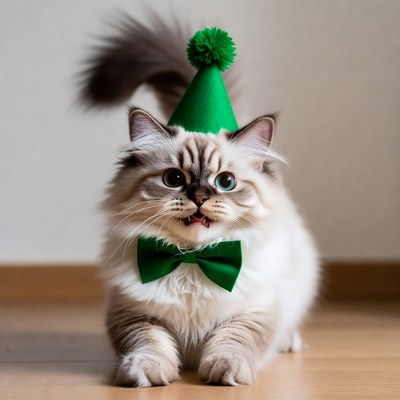Cat wearing party hat and bow tie