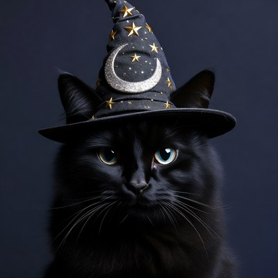 Black cat wearing a witch hat