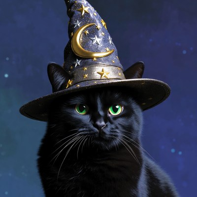 Black cat wearing wizard hat at night