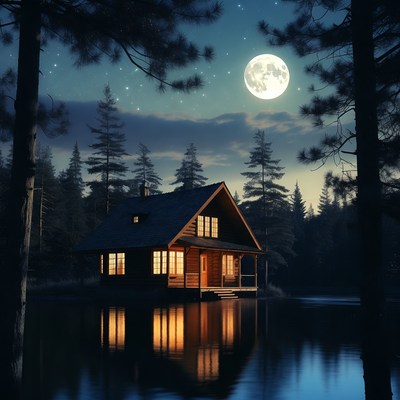 Moonlit cabin by the lake at night
