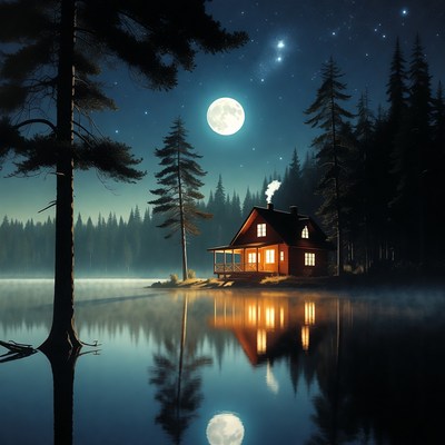 Cabin by the lake at night