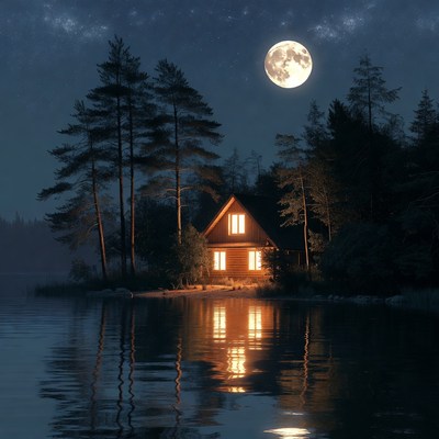 Bright cabin by the lake at night