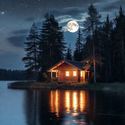 Cabin by the lake at night