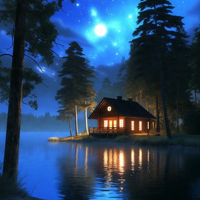 Cozy cabin by the lake at night