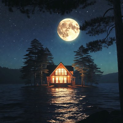 Cabin by the lake under moonlight