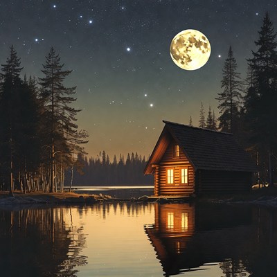 Cabin by the lake at night