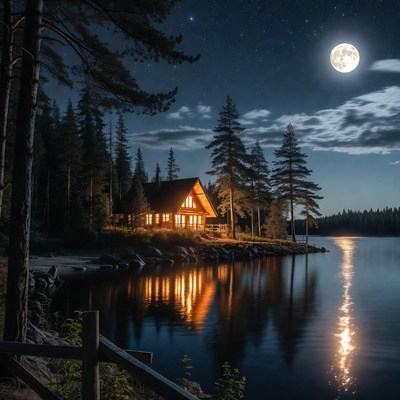 Cabin by the lake at night