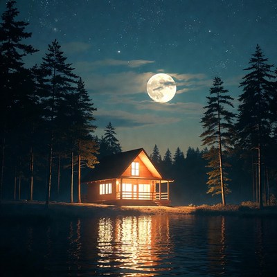 Cabin by the lake at night