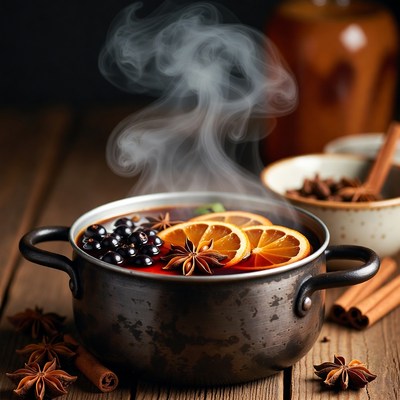 Warm drink with spices on wooden table