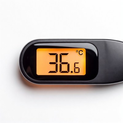 Digital thermometer reading 36.6 degrees celsius