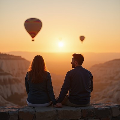 Couple watching balloons at sunset