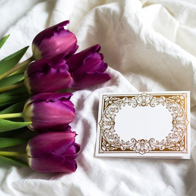 Purple tulips and note on fabric