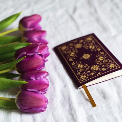 Purple tulips with a notebook on a table