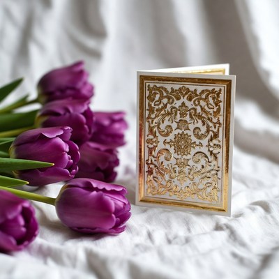 Elegant card with purple tulips