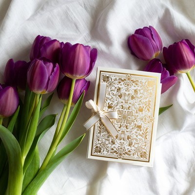 Purple tulips with decorative card on white fabric
