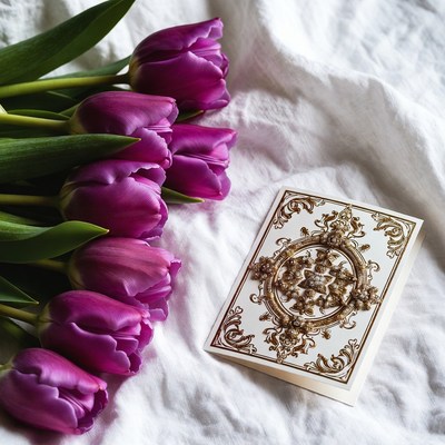 Purple tulips with decorative card on fabric