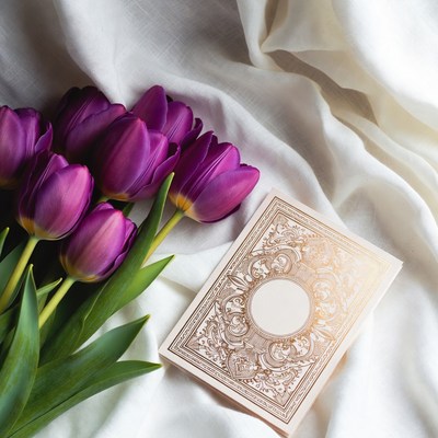Purple tulips and an ornate book