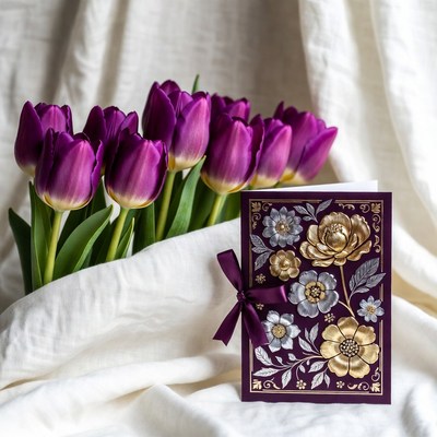 Flowers and greeting card arrangement