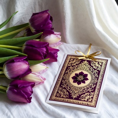 Purple tulips with decorative card