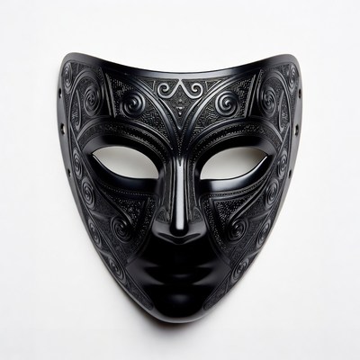 A black mask shows intricate designs and shapes