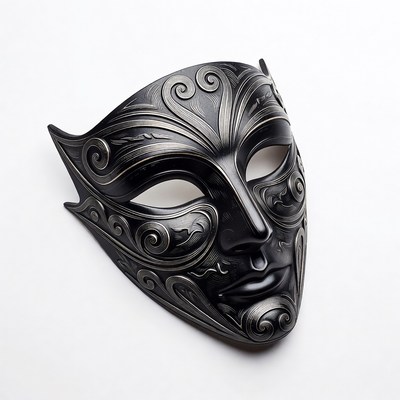 Black decorative mask on white surface