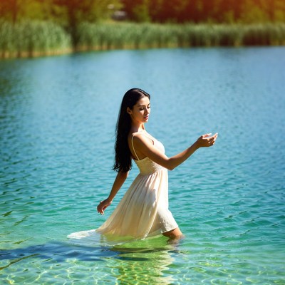 Woman walking in lake water