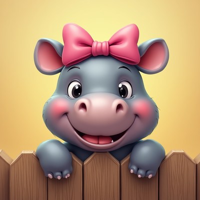 Happy hippo character behind fence