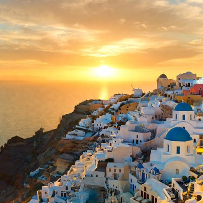 Sunset over santorini houses and sea