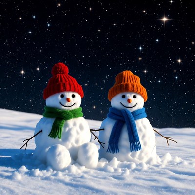 Snowmen in winter night scene