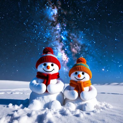 Snowmen under a starry sky