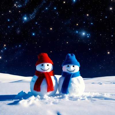 Snowmen under starry night sky