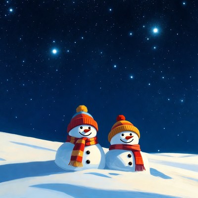 Snowmen under a night sky
