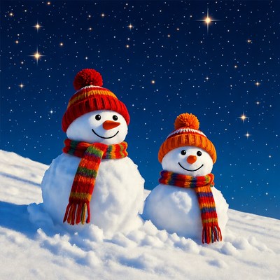 Snowmen in snowy landscape at night