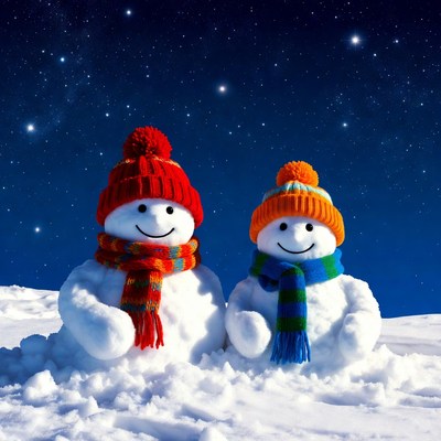 Snowmen in hats on winter night