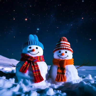 Snowmen in a winter scene at night