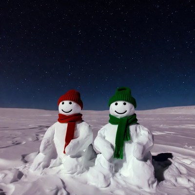 Snowmen in winter landscape at night