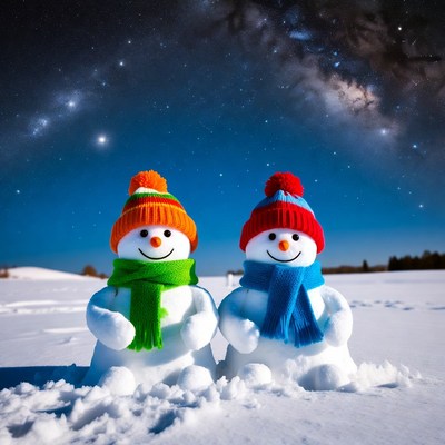 Snowmen in winter landscape at night