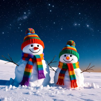 Smiling snowmen stand in winter landscape