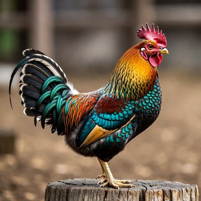 Colorful rooster standing on a log