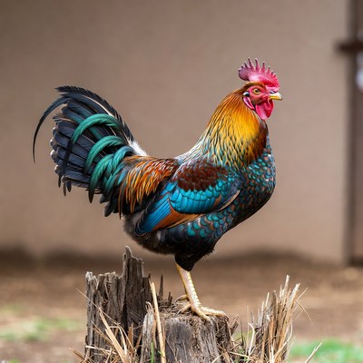 Colorful rooster stands tall on stump