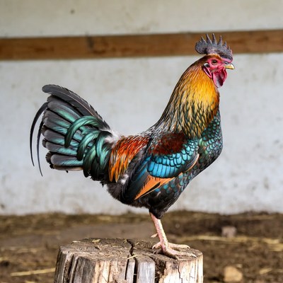 Colorful rooster stands on log