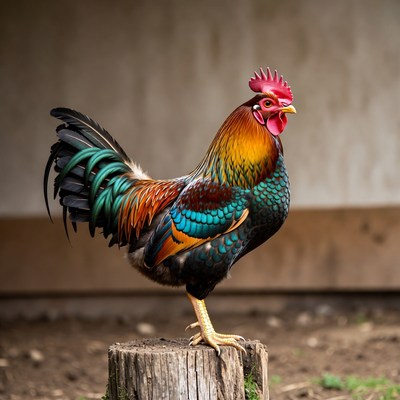 Colorful rooster standing on stump