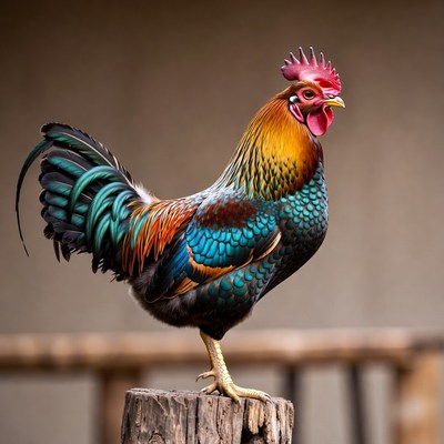 Colorful rooster standing on post