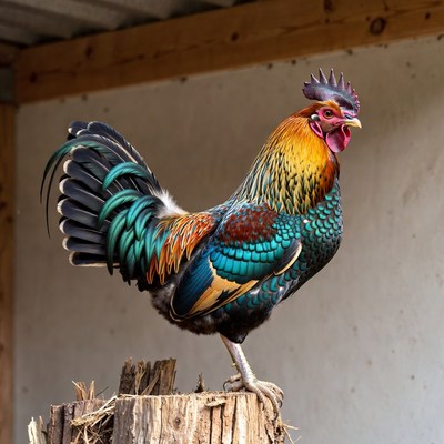 Colorful rooster standing on a log